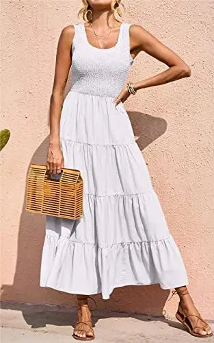Elastic Waist Big Swing Floral Beach Party Long Dress — Sleeveless Elegant Summer Dress