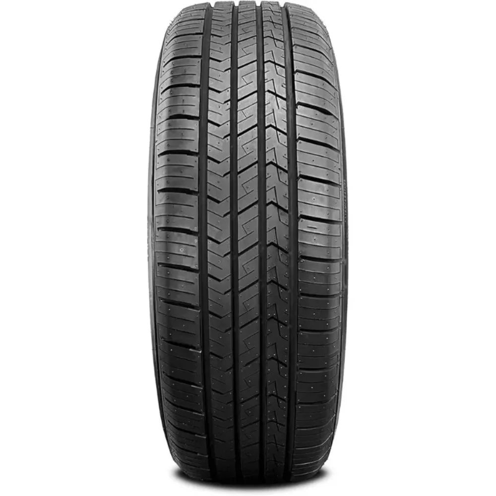 A single black car tire shown from the front three-quarter view against a plain white background.