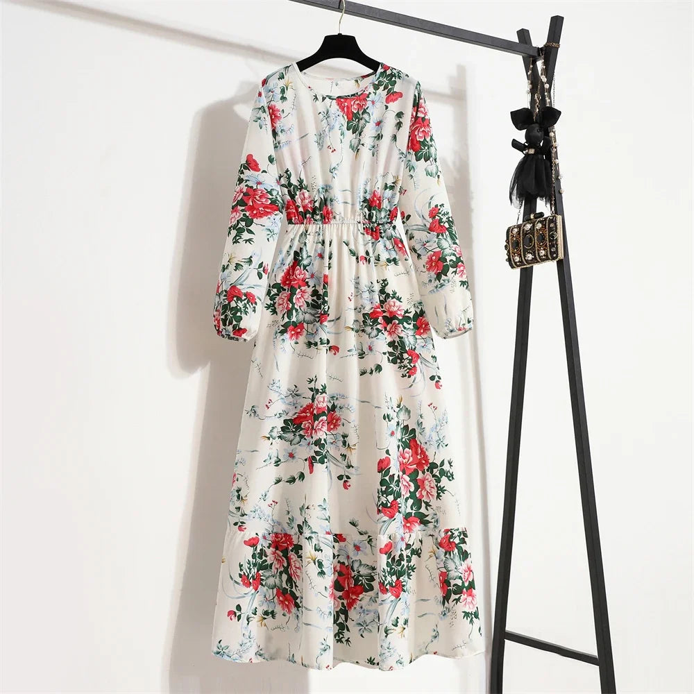 Full Sleeve Floral Geometry Print Boho Beach Party Dress — O-Neck Casual Maxi Dress