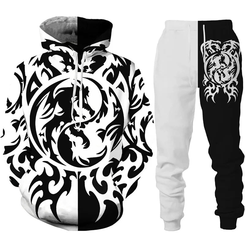Dragon Print Hoodie Tracksuit Set – Oversized 2-Piece Sweatshirt & Pants
