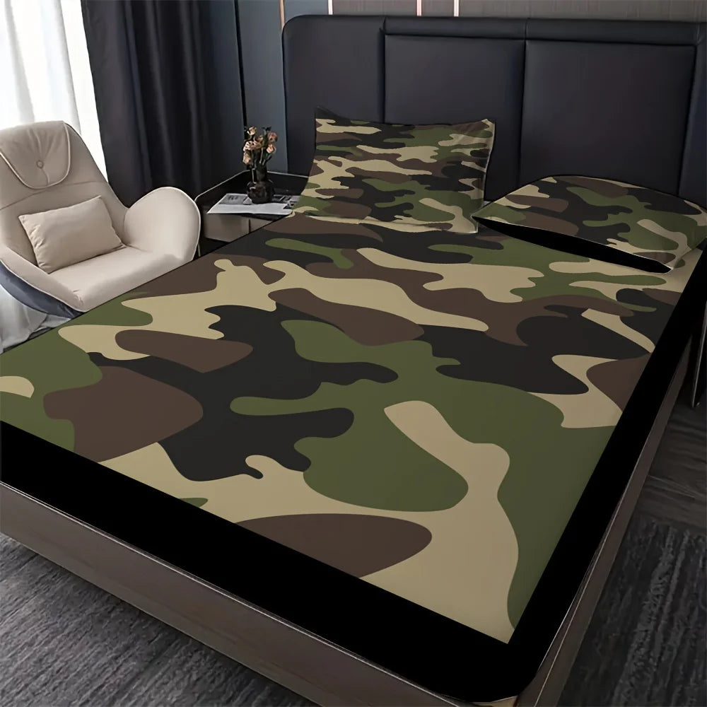 Camouflage Pattern Fitted Sheet – 300TC Polyester Mattress Cover, Multiple Sizes