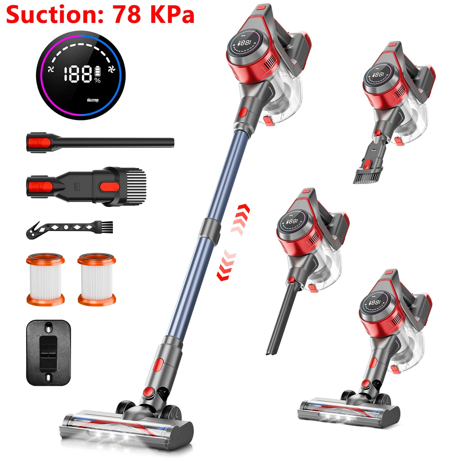 Honki 78KPA Cordless Vacuum Cleaner — LED High Power Wet & Dry Handheld for Pet Hair & Carpet