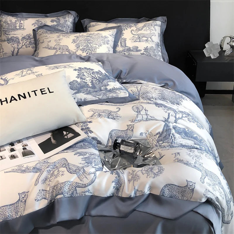 Eucalyptus Lyocell Bedding Set – Silky Soft Forest & Leopard Print Duvet Cover, Bed Sheet & Pillowcases