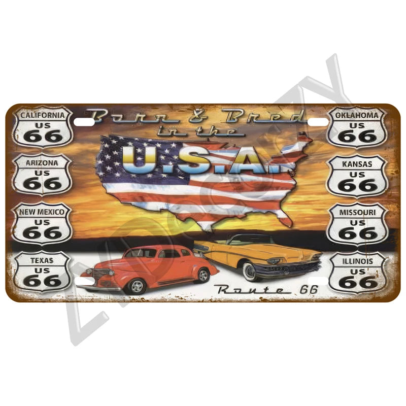 Route 66 Vintage Car Garage Tin Sign — Retro Wall Art Decor