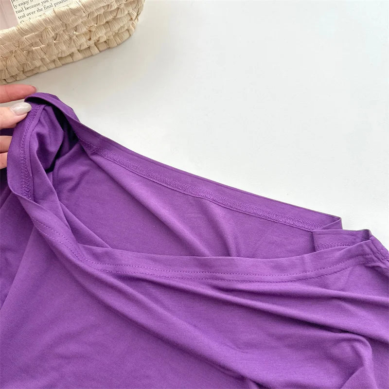 Women's Slash Neck Flare Sleeve Slim Pleated T-Shirt – Sexy Solid Color Pullover Top