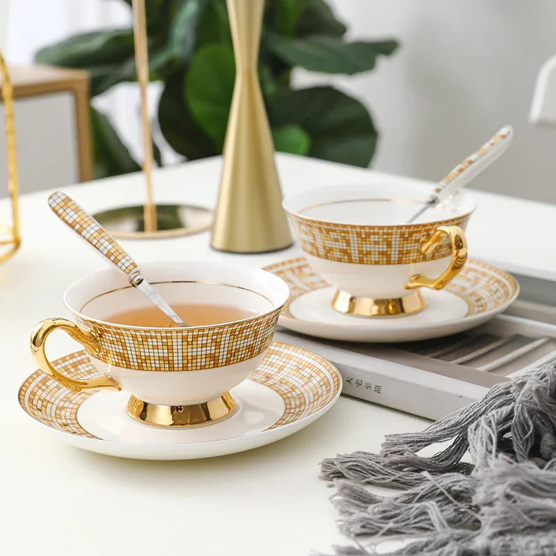 Ceramic Teacup & Saucer – Gold-Tone Mosaic, 220ml
