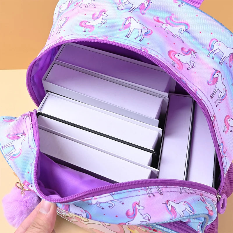 Unicorn Backpack Set – Purple Three-Piece School Bags