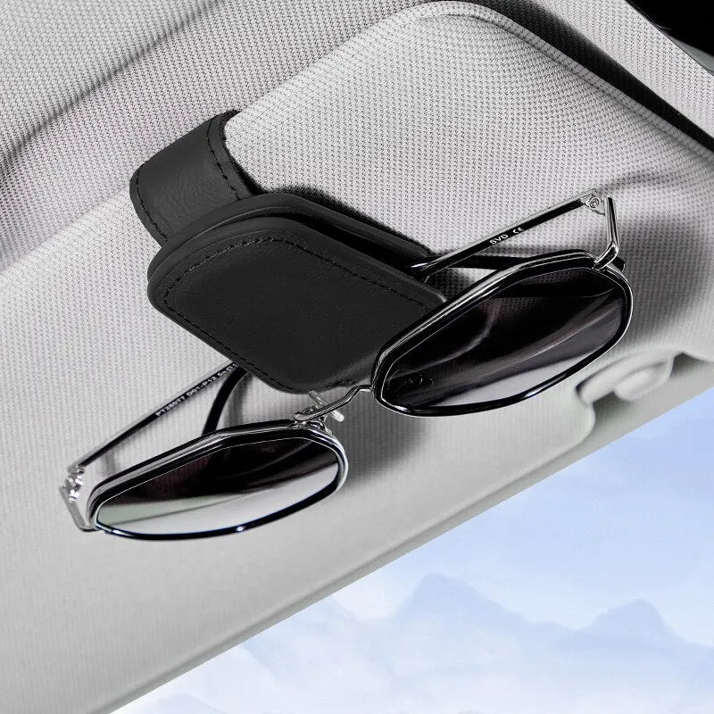 Black PU Leather Car Sunglasses Clip | Magnetic Sun Visor Storage Holder for Glasses & Cards