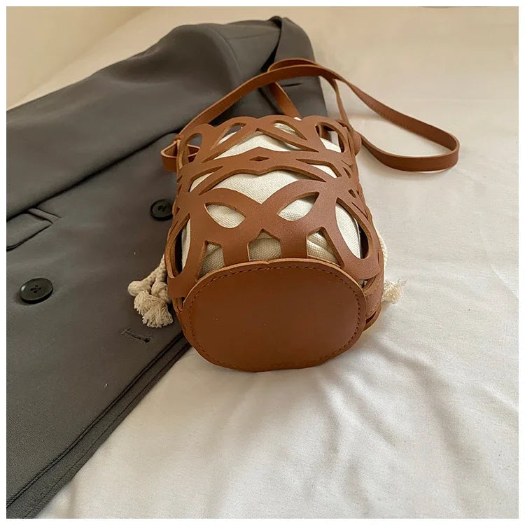 Brilliant Fish Hollow Out Drawstring Mini Bucket Crossbody Bag – Adjustable Strap Shoulder Bag for Women