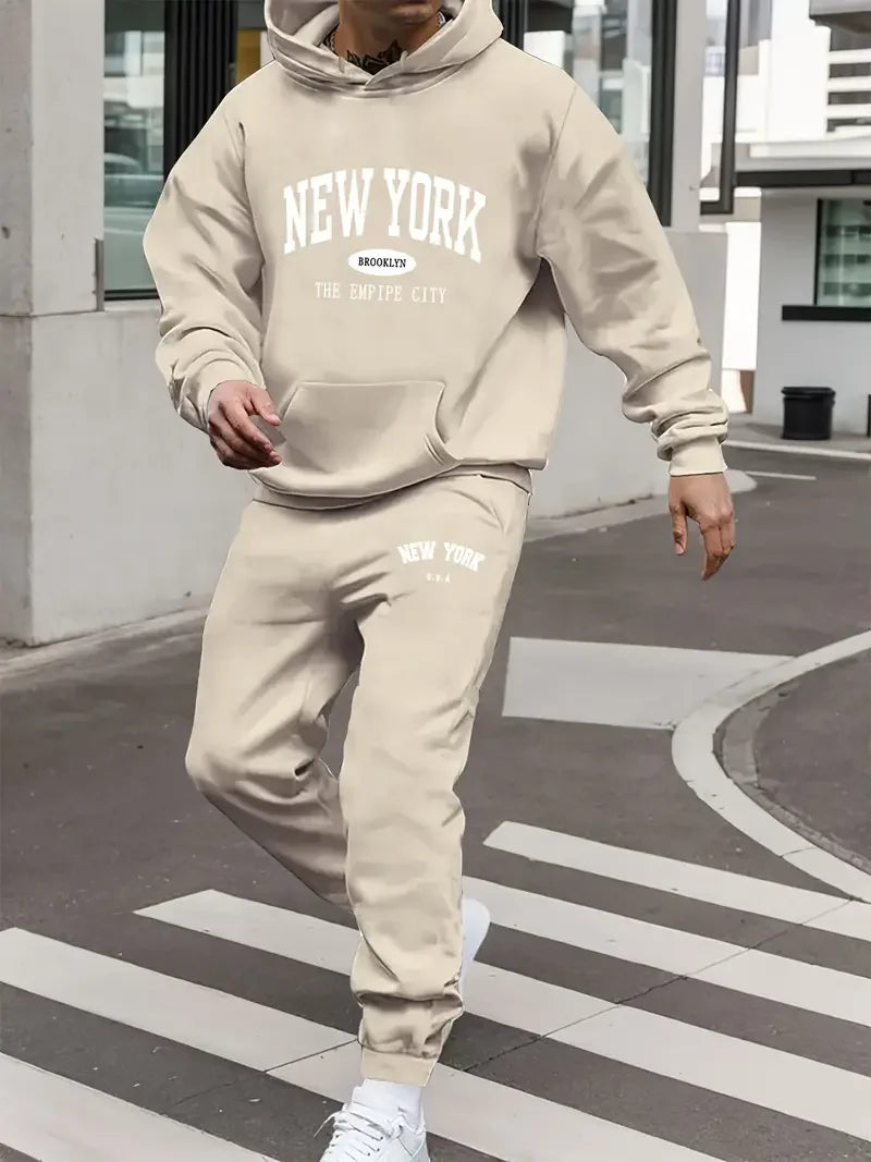 Men's Velvet Thickened New York Letter Print Hoodie & Pants Set – Casual Comfortable Spring Autumn