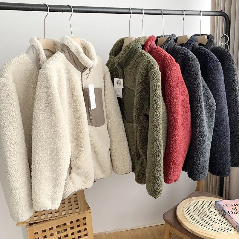 Japanese Fleece Zip Jacket – Unisex Loose Warm Lamb Wool Coat for Couples