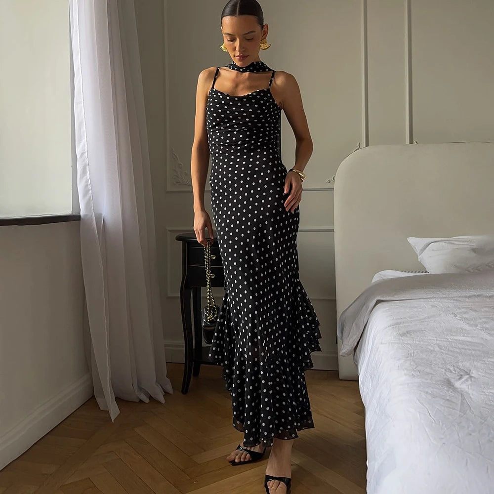 Elegant Polka Dot Halter Pleated Maxi Dress – Ruffle Sleeveless Evening & Party Dress