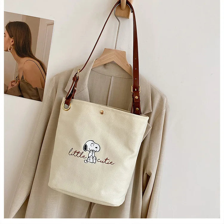 Snoopy Canvas Bucket Bag – Cute Letter Print Crossbody Shoulder Bag for Women
