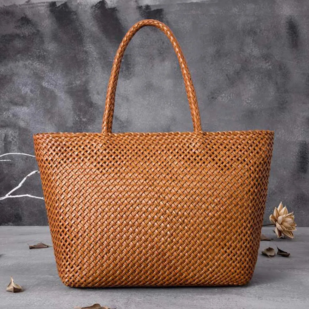 Handmade Woven Cowhide Leather Bucket Tote Bag – Romantic Beach Shoulder Handbag for Women