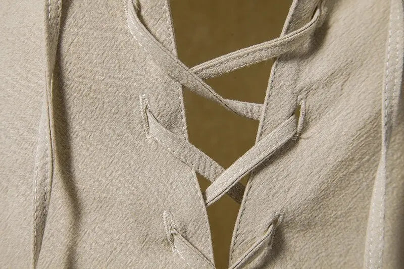 Men's Cotton Linen Drawstring Long Sleeve Shirt — Vintage Casual US Size Top