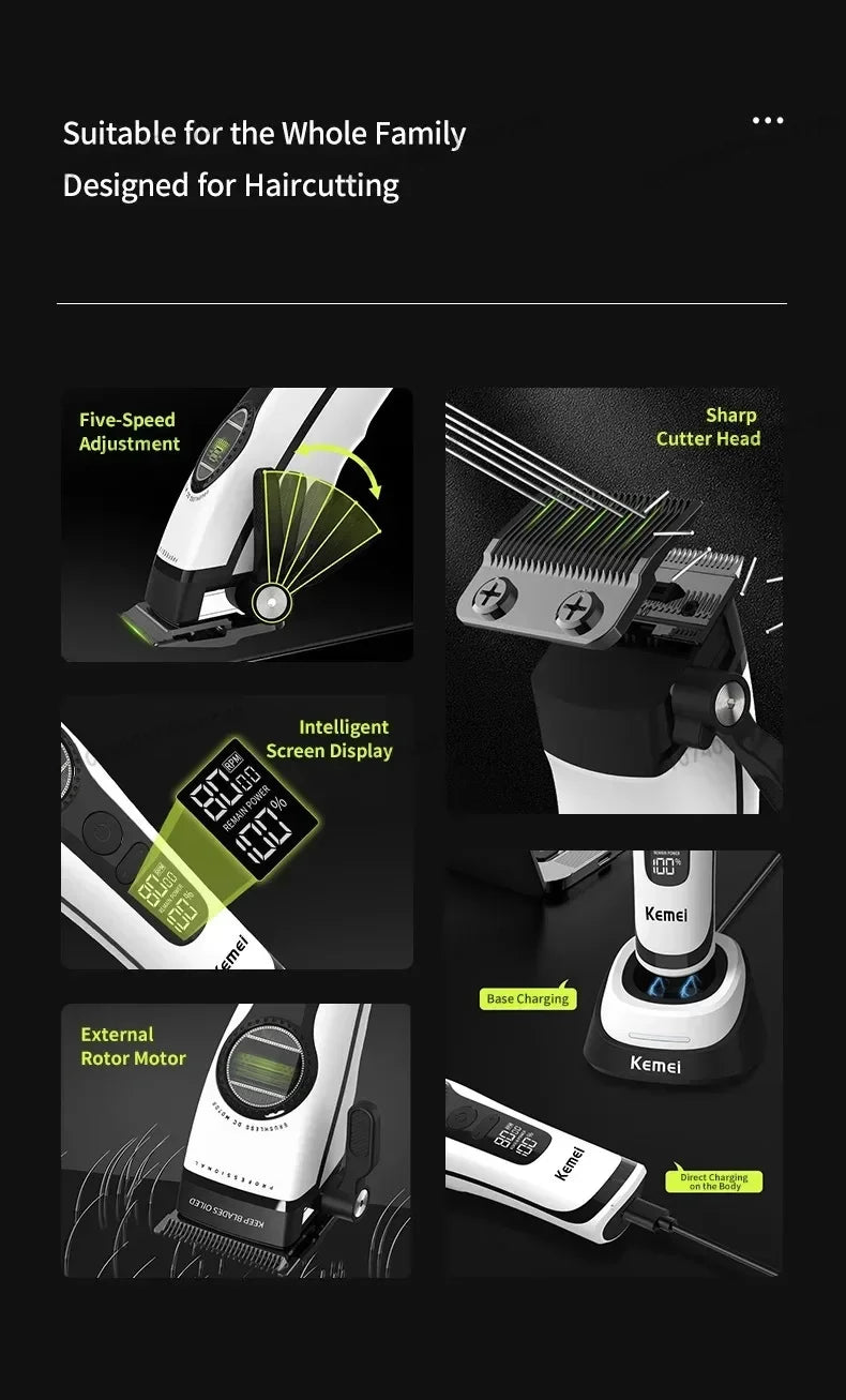 Kemei KM-1593 / KM-1595 Brushless Hair Clipper – DLC Blade, 8000 RPM, 200-Min Runtime, USB-C