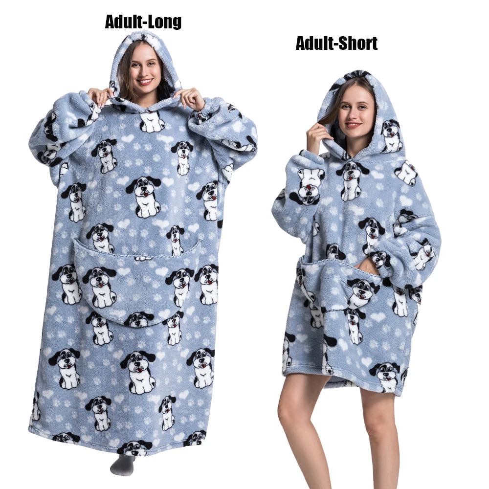 Oversized Wearable Blanket Hoodie – Plush Fleece with Sleeves, Hood & Pocket, 40 Designs