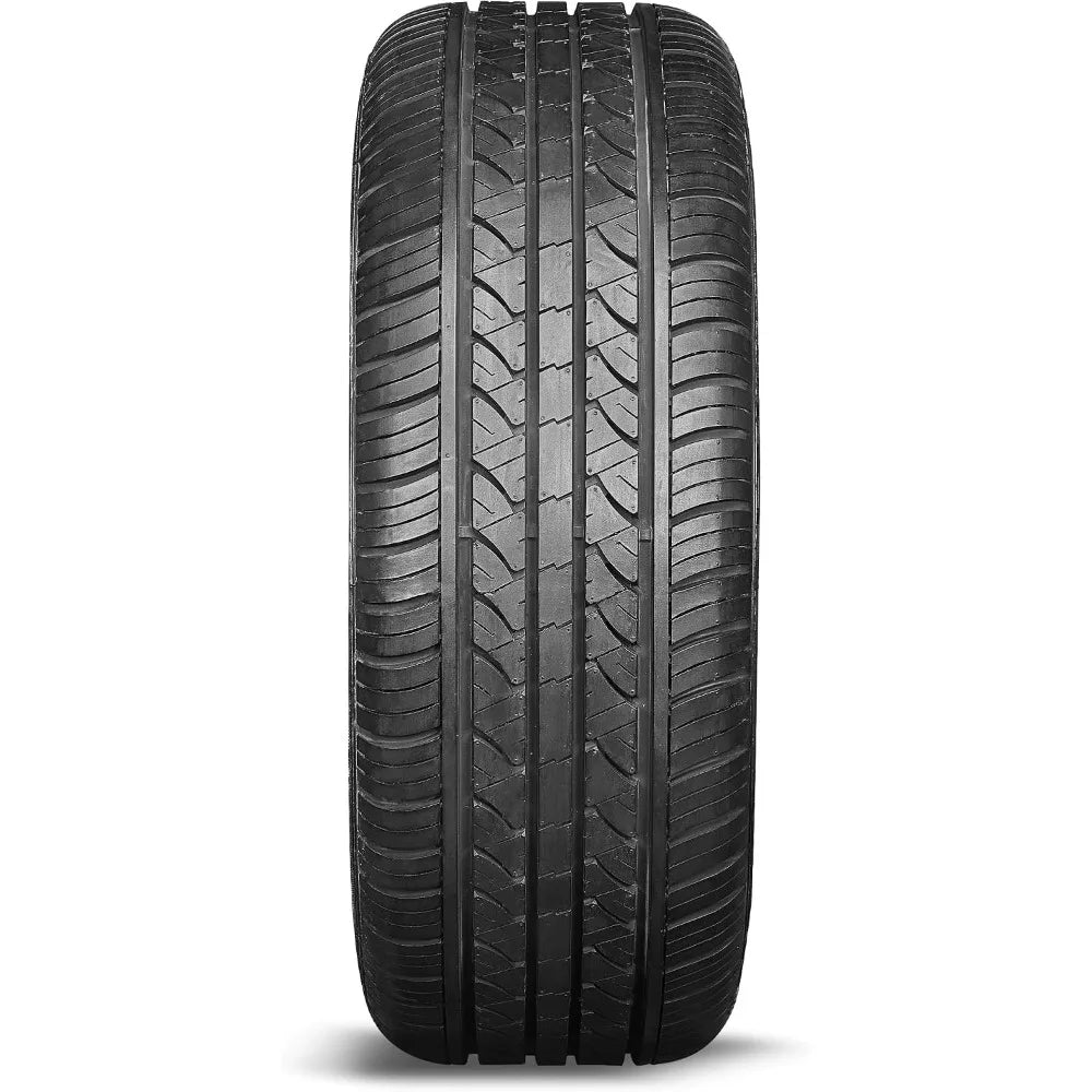 A single black car tire with detailed tread patterns, shown vertically against a plain white background.