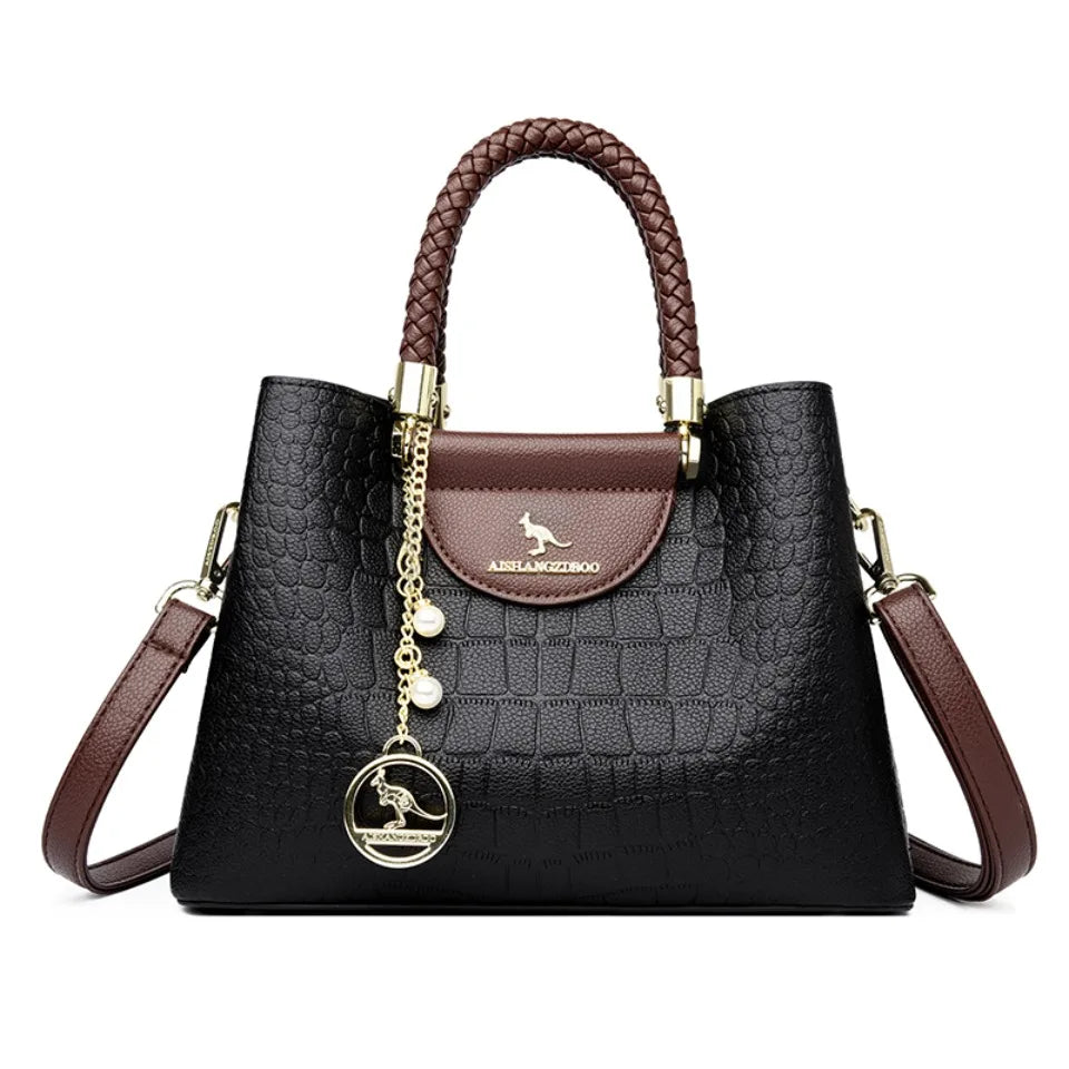 VANDERWAH Woven Handle Alligator Microfiber Leather Tote – Luxury Designer Shoulder Handbag for Women