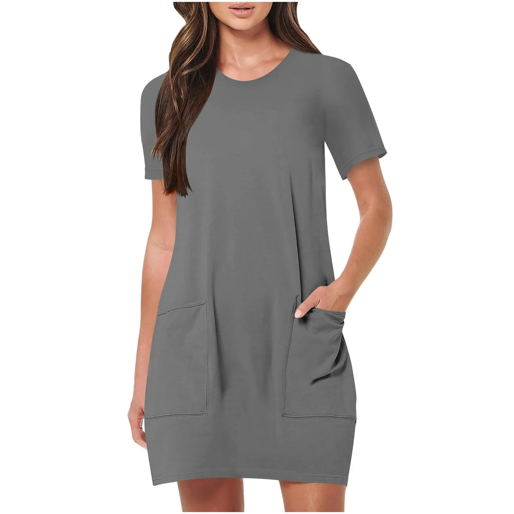 Solid Color Pocket Casual Sports Dress — Short Sleeve O-Neck A-Line Knee-Length Dress