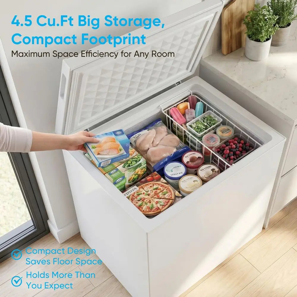 Compact Chest Freezer with Removable Basket – 7-Level Temperature, Low Noise, Top Open Door