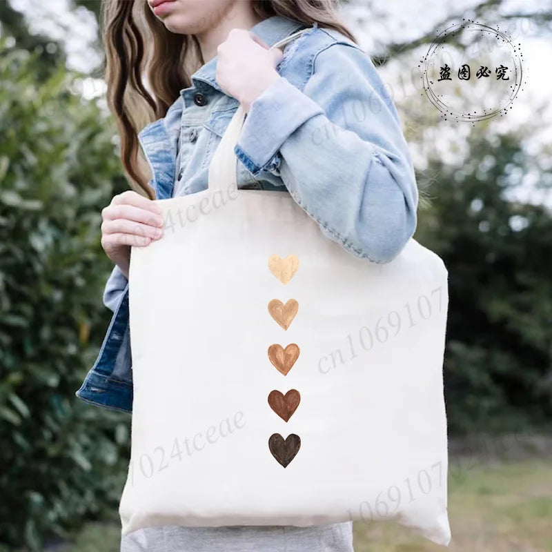 Harajuku Watercolor Heart Print Canvas Shopper Bag – Large Capacity Minimalist Shoulder Bag for Women