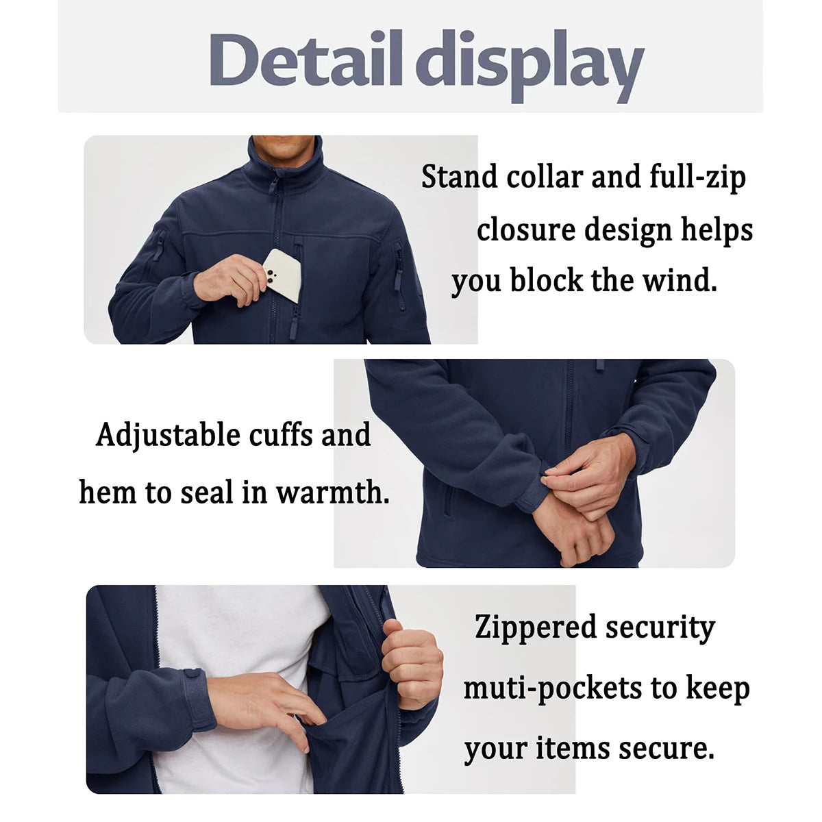 Men's Full Zip Fleece Hiking Windbreaker — Multi-Pocket Outdoor Work Jacket