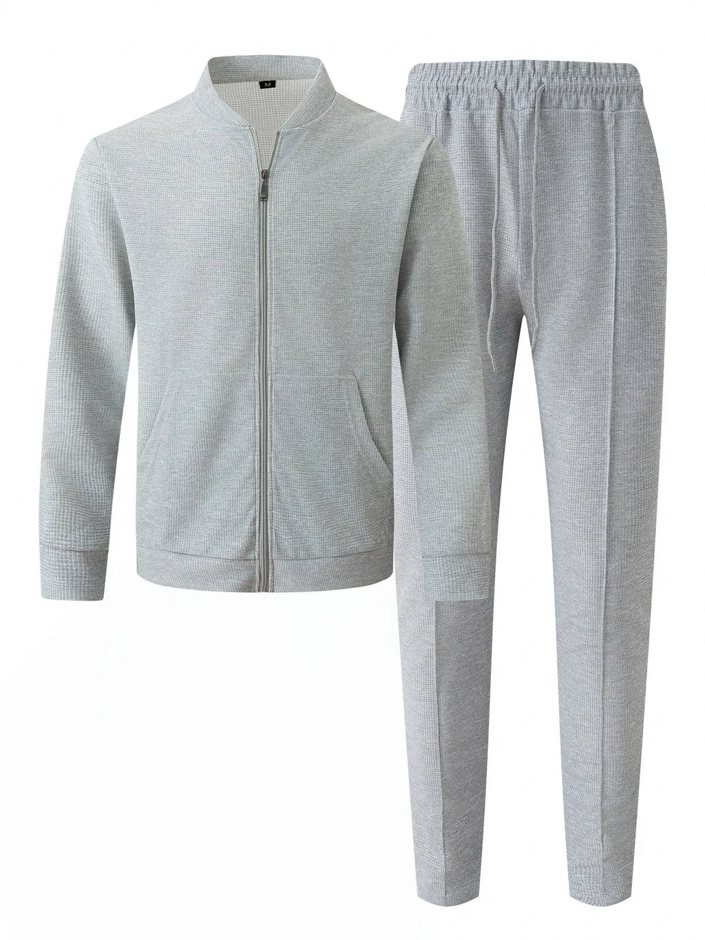 Men's Solid Color Waffle Knit Baseball Tracksuit – Stand Collar Zip Jacket & Drawstring Pants