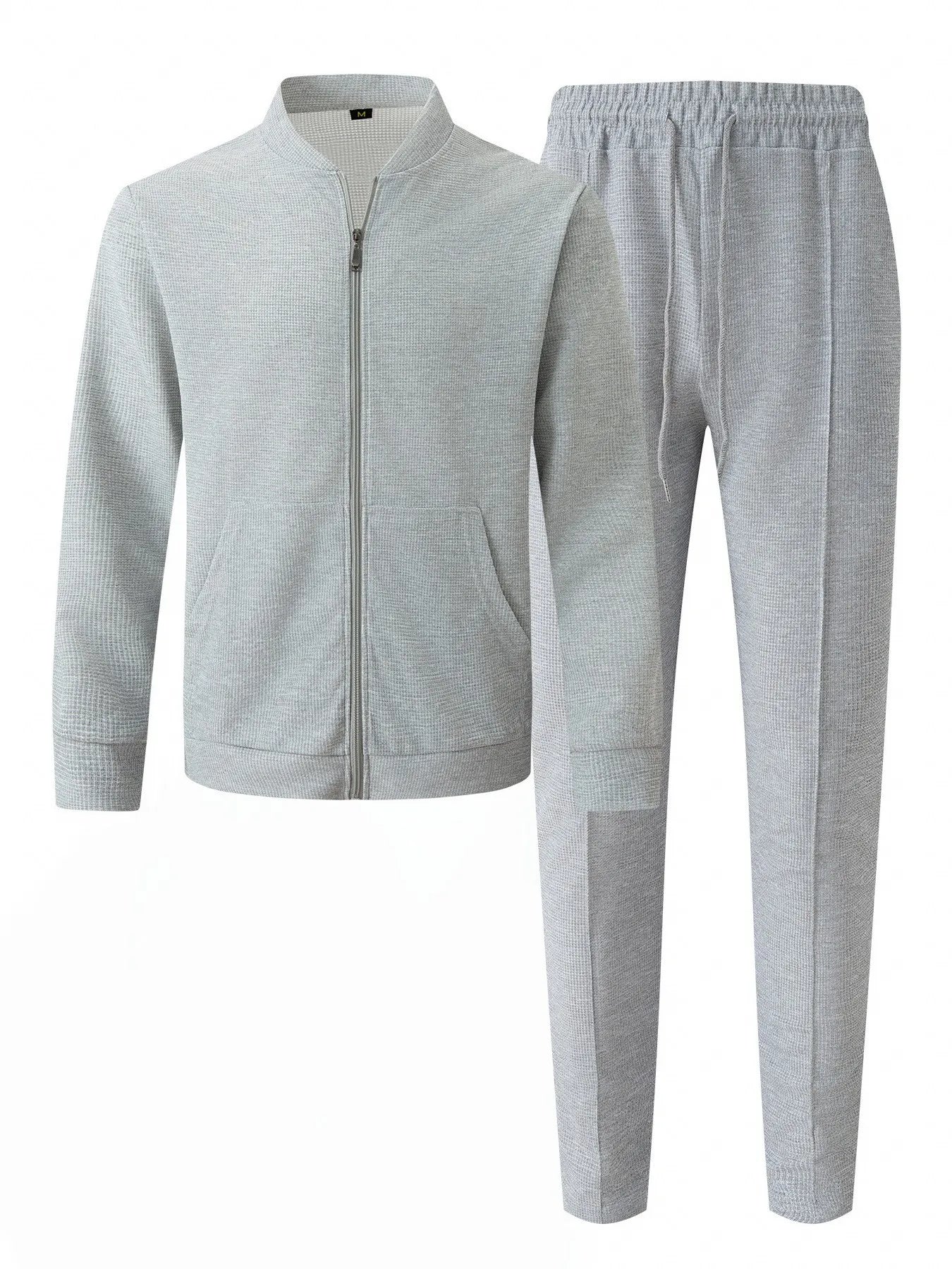 Men's Solid Color Waffle Knit Baseball Tracksuit – Stand Collar Zip Jacket & Drawstring Pants