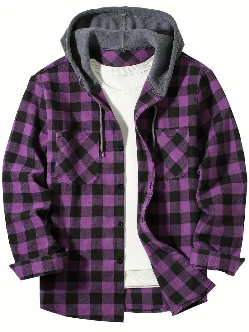 Men's Hooded Plaid Shirt Jacket – Casual Long-Sleeve Layer