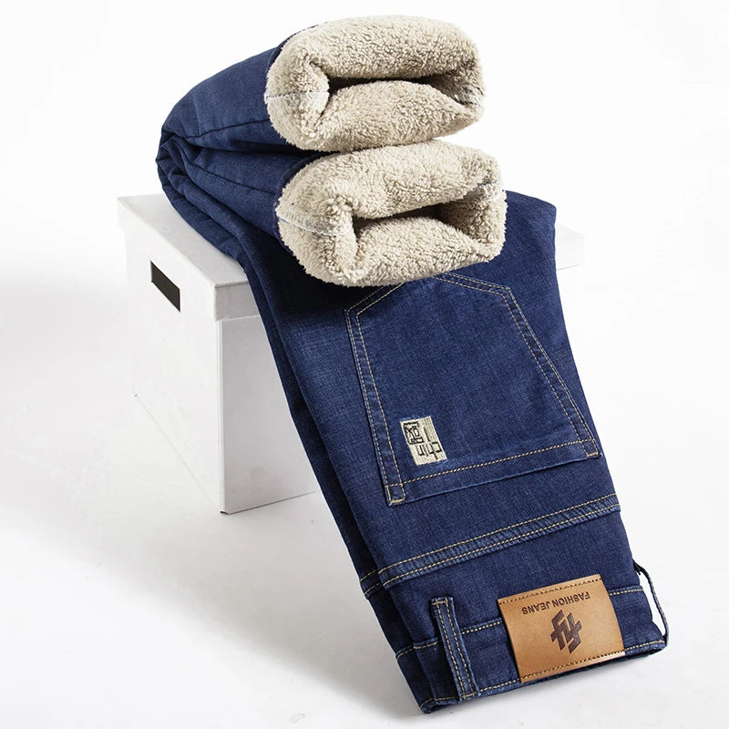 Men's Fleece-Lined Straight Denim Jeans — Warm Thick Winter Stretch Jeans