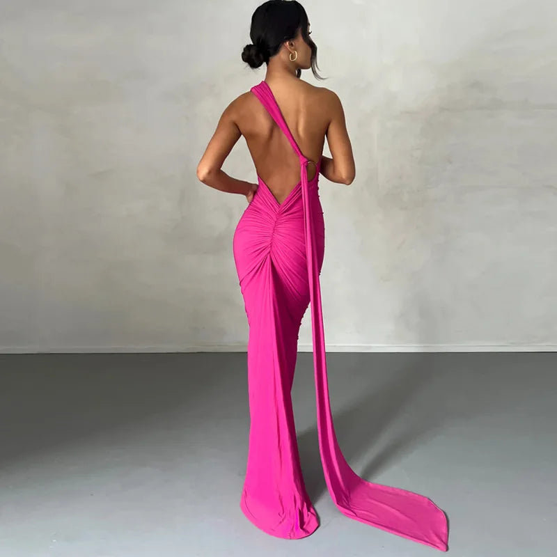 Backless Ruched Slim Bodycon Maxi Dress — Elegant Formal Wedding Guest Evening Dress
