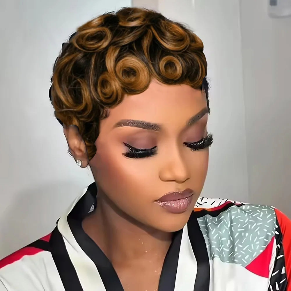 Women's Human Hair Pixie Cut Wig full machine made - Short Layered Curly with Bangs, Natural Black 250% Density