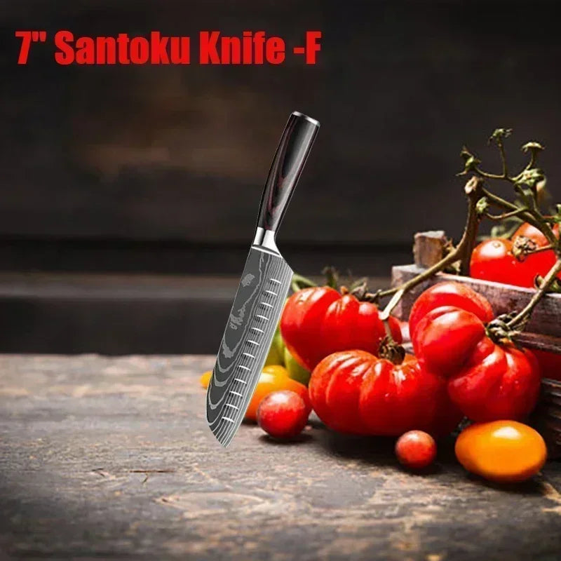 Damascus Kitchen Knife Set — Japanese Santoku, Cleaver, Slicing & Boning Knives