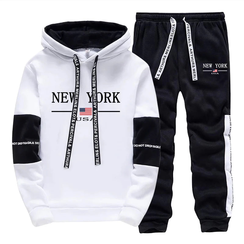 Men's Print Hoodie & Jogger Pants Tracksuit – Autumn Winter Casual Sportswear Set