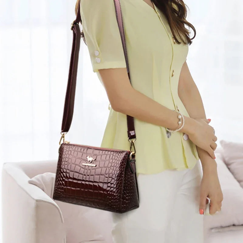 Luxury PU Alligator 3-Layer Flap Shoulder Bag – Sequin Crossbody Handbag for Women