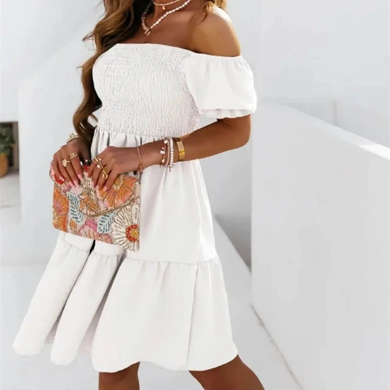 Off Shoulder Puff Sleeve Short Dress — Sexy Fashion Summer Mini Dress