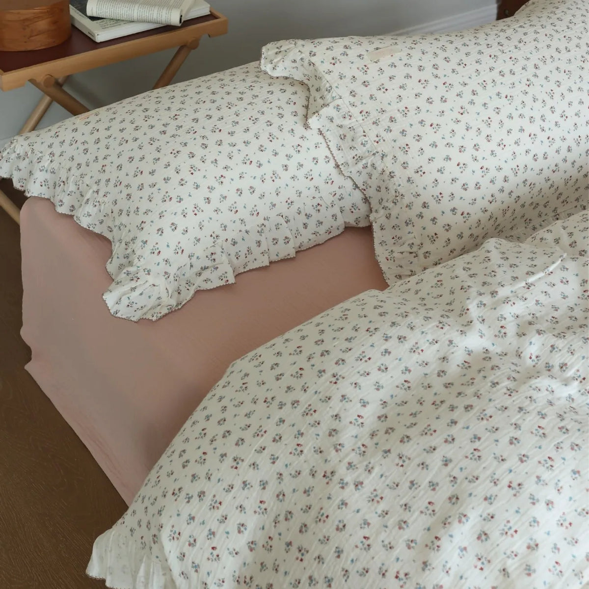 Princess Ruffle Bedding Set – 100% Cotton Gauze Duvet Cover with Pillowcases, Floral, 3-Piece