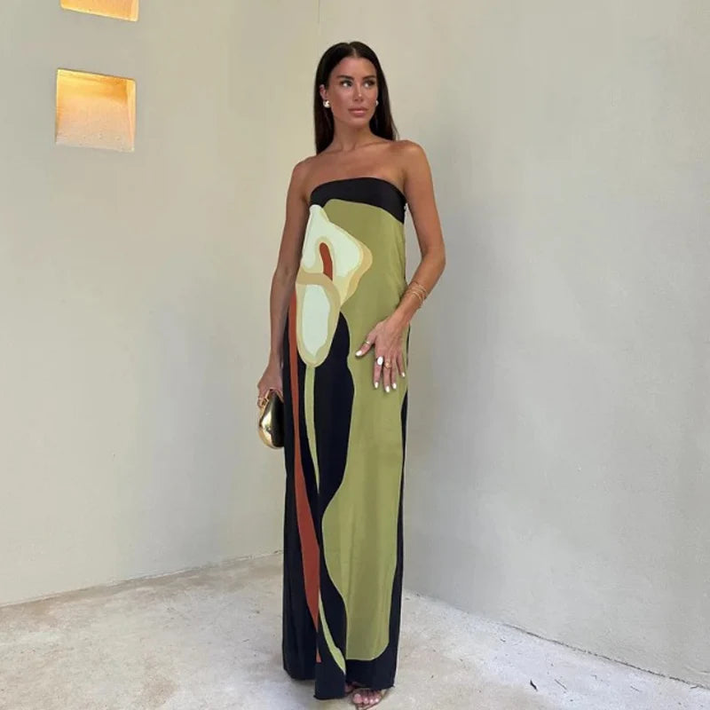 Sexy Strapless Backless Printed Long Dress – Off-Shoulder Sleeveless Summer Party & Evening Robe