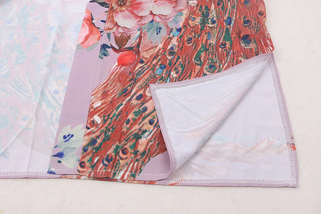Peacock Print Beach Kimono Cover-Up — Self-Belted Wrap Dress Swimsuit Cover