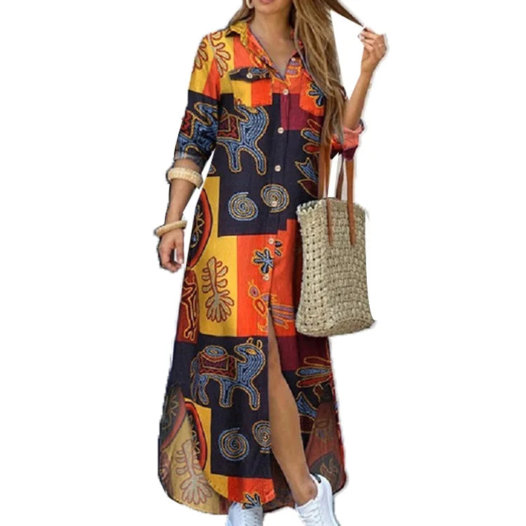 Lapel Literary Print Long Shirt Skirt Dress — Loose Single-Breasted Casual Women's Dress