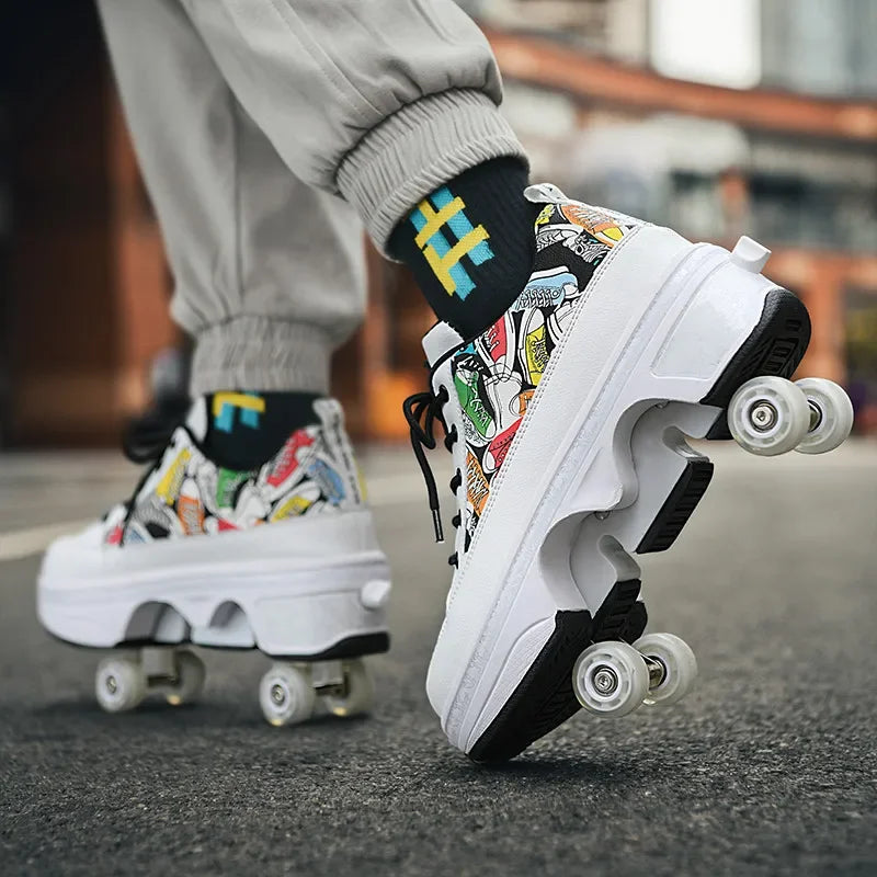 Fashionable 4-Wheel Roller Skate Shoes – Unisex Kids & Adult Outdoor Casual Wheeled Sneakers