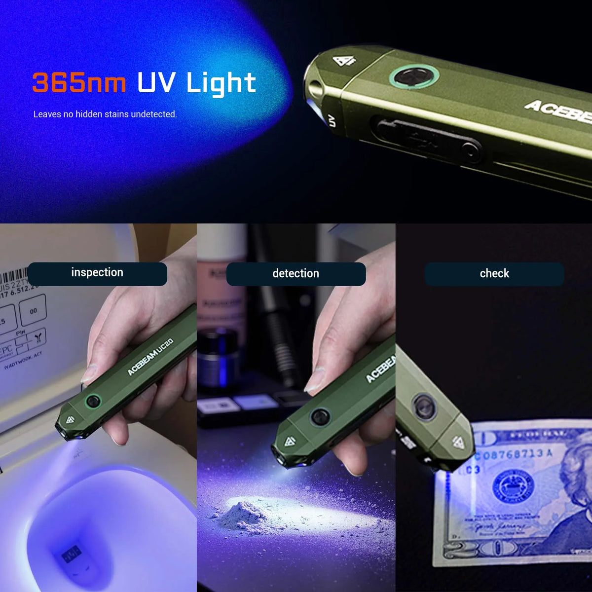 ACEBEAM UC20 – 1000 Lumen 3-in-1 EDC Flashlight, White/Red/UV, IP68 Waterproof, USB-C Rechargeable