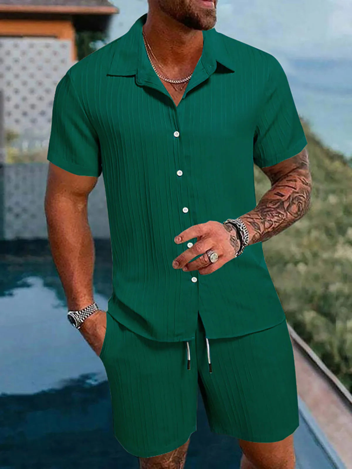 Men's Striped Polo Cardigan & Drawstring Shorts Sports Suit – Solid Color 2-Piece