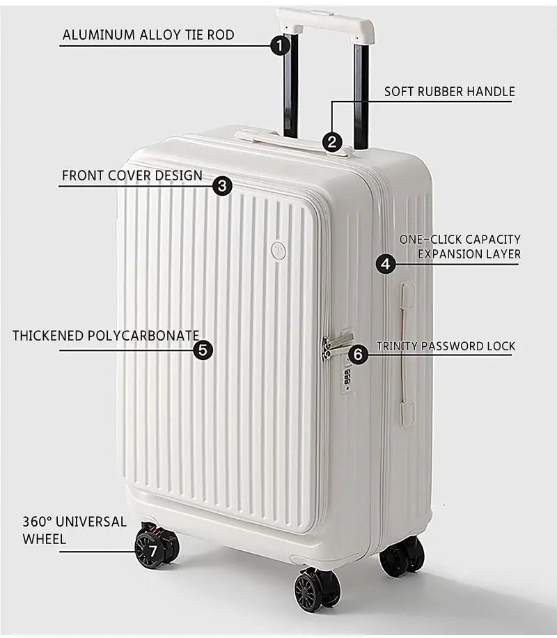 Expandable Front-Opening Suitcase – Cup Holder & Spinner Wheels