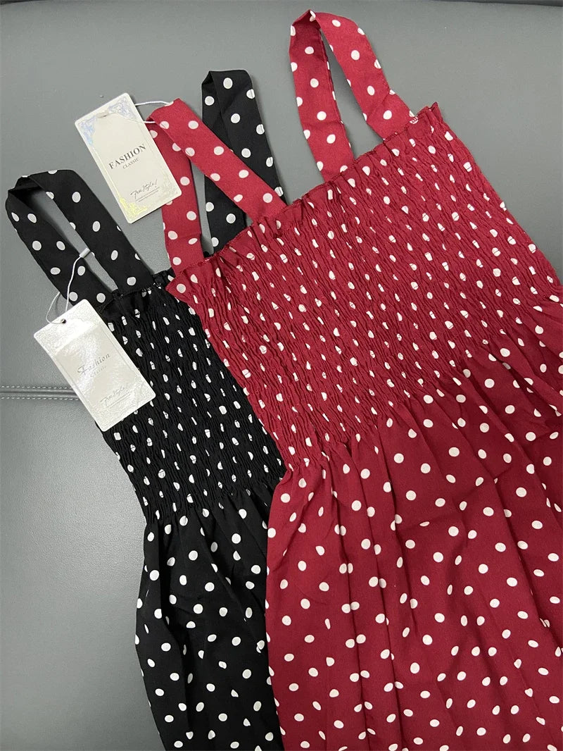 Polka Dot Square Neck Chiffon Maxi Dress — Sleeveless Elegant Long Dress