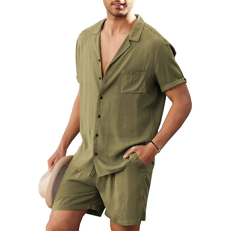 Men's Cotton Linen Short Sleeve Shirt & Shorts Set – Breathable Casual Beach Pajama 2-Piece