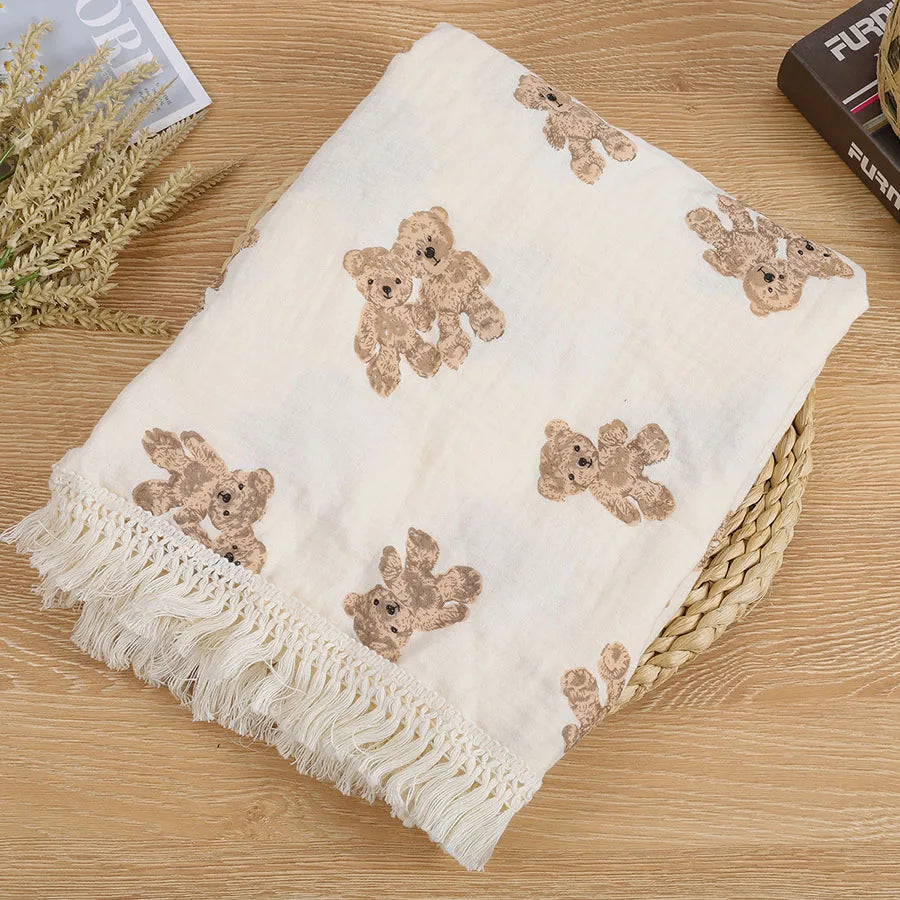 Cute Bear Muslin Cotton Baby Blanket – Plaid Infant Swaddle & Summer Comforter for Newborns