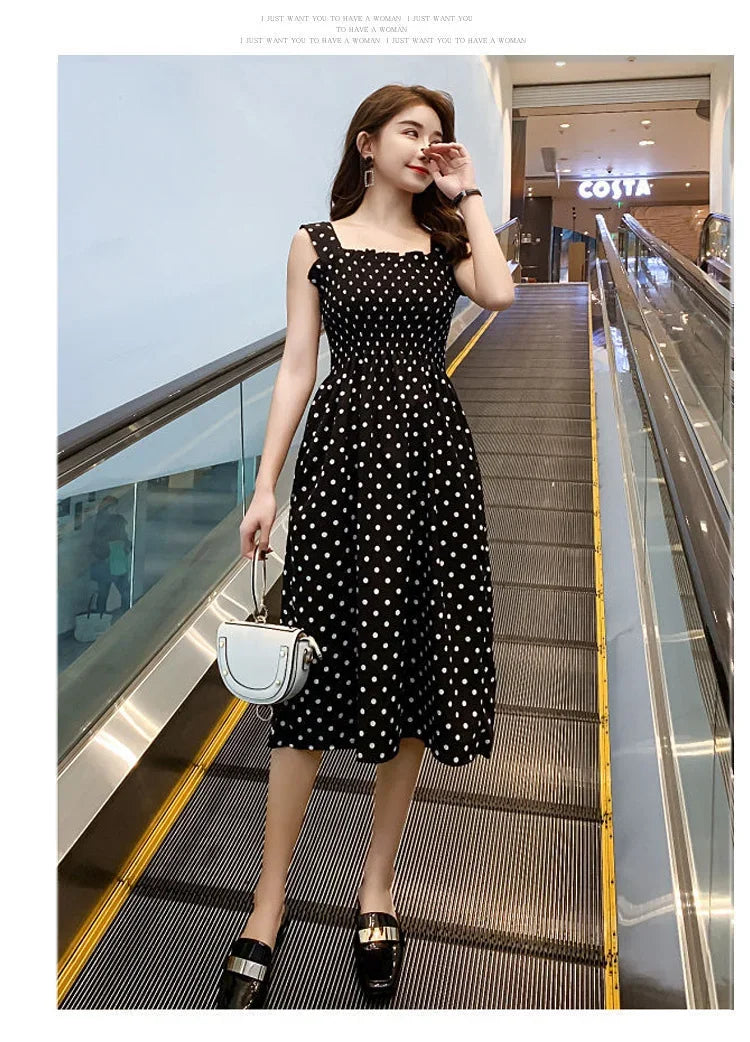 Polka Dot Square Neck Chiffon Maxi Dress — Sleeveless Elegant Long Dress