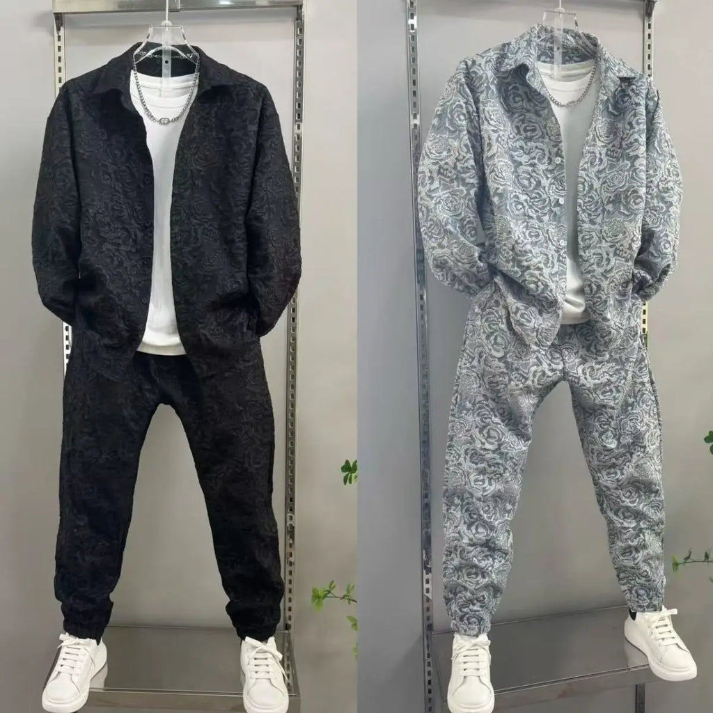 Men's Sporty Lapel Jacquard Long Sleeve Shirt & Pants 2-Piece Set – Spring Autumn Fashion